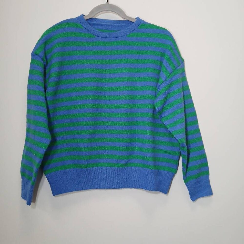 Womens small wool sweater green blue stripe preppy boxy drop sleeve